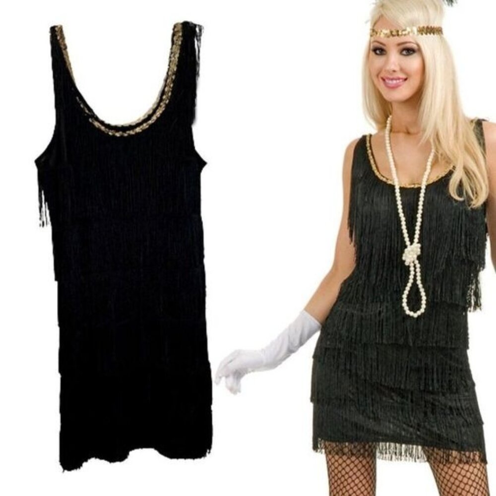 Women's Fashion Flapper Layered Fringe‎ Dress with Sequin Neckline